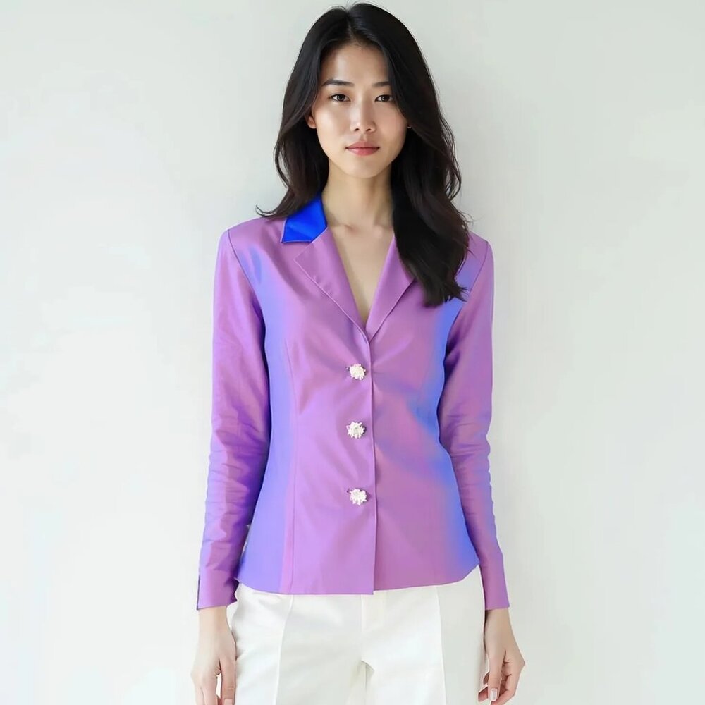 Lilac Purple Mauve Blue Crystal Changeant Shot Iridescent Silk Blazer Jacket 14